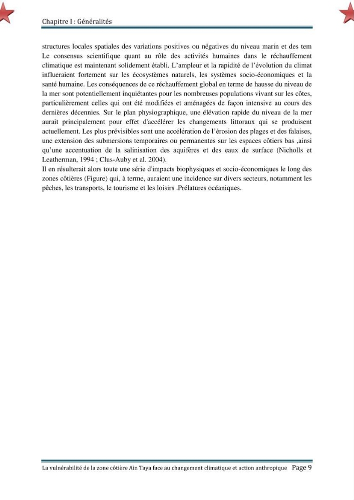 La vulnérabilité de la zone côtière de Ain Taya ( Alger Esr) faces aux changements climatiques et actions anthropiques
