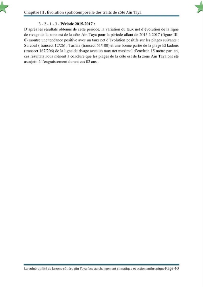 La vulnérabilité de la zone côtière de Ain Taya ( Alger Esr) faces aux changements climatiques et actions anthropiques