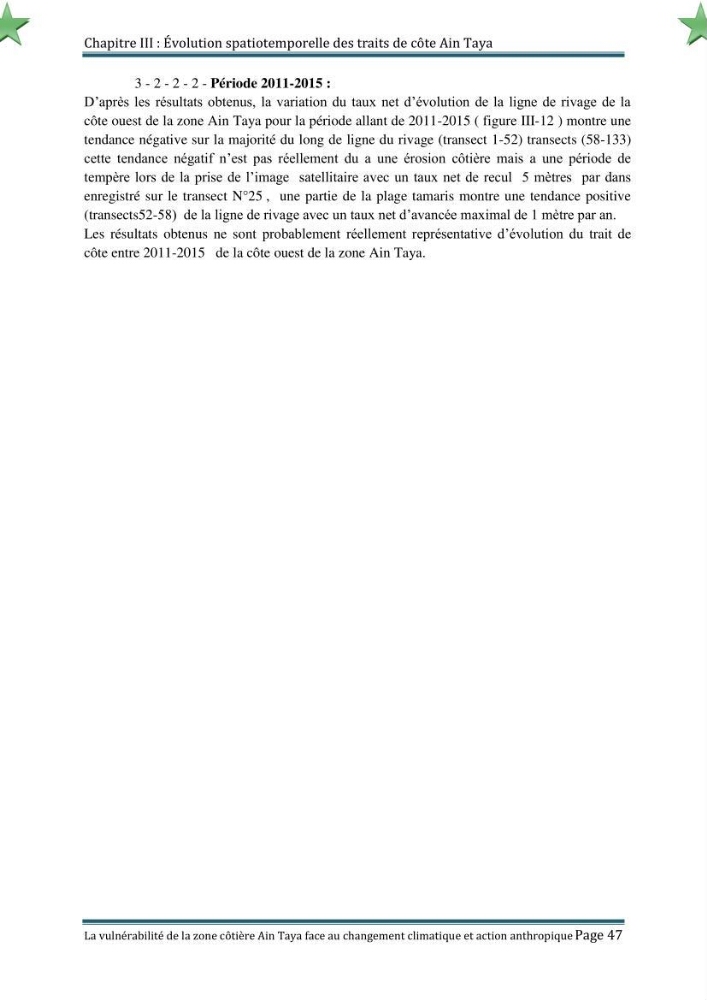 La vulnérabilité de la zone côtière de Ain Taya ( Alger Esr) faces aux changements climatiques et actions anthropiques