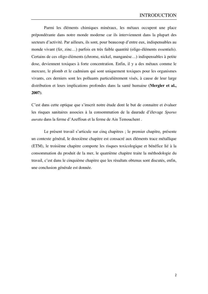 Evaluation du risque Sanitair Assoié à la Consommation de la Daurad : d’élevage Sparus aurata (Linnaeus ,1758)
