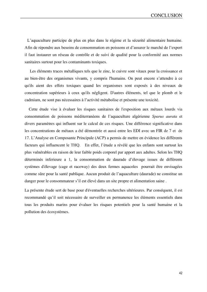 Evaluation du risque Sanitair Assoié à la Consommation de la Daurad : d’élevage Sparus aurata (Linnaeus ,1758)