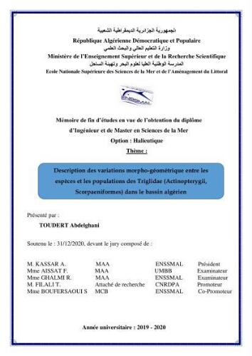 Description des variations morpho-géométrique entre les espèces et les populations des Triglidae (Actinopterygii, Scorpaeniformes) dans le bassin algérien Description des variations morpho-géométrique entre les espèces et les populations des Triglidae (Actinopterygii, Scorpaeniformes) dans le bassin algérien