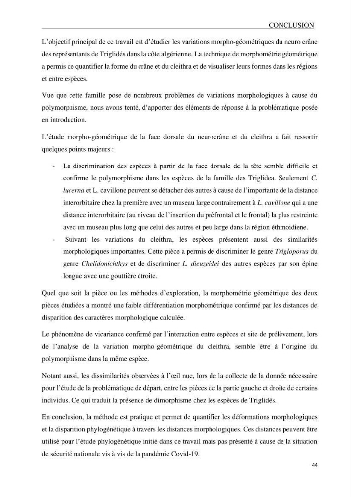 Description des variations morpho-géométrique entre les espèces et les populations des Triglidae (Actinopterygii, Scorpaeniformes) dans le bassin algérien