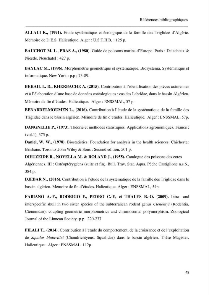 Description des variations morpho-géométrique entre les espèces et les populations des Triglidae (Actinopterygii, Scorpaeniformes) dans le bassin algérien