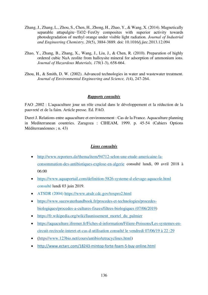 Etude du procédé hybride couplant l’adsorption et la photocatalyse. Application au traitement des effluents issus des fermes piscicoles.: