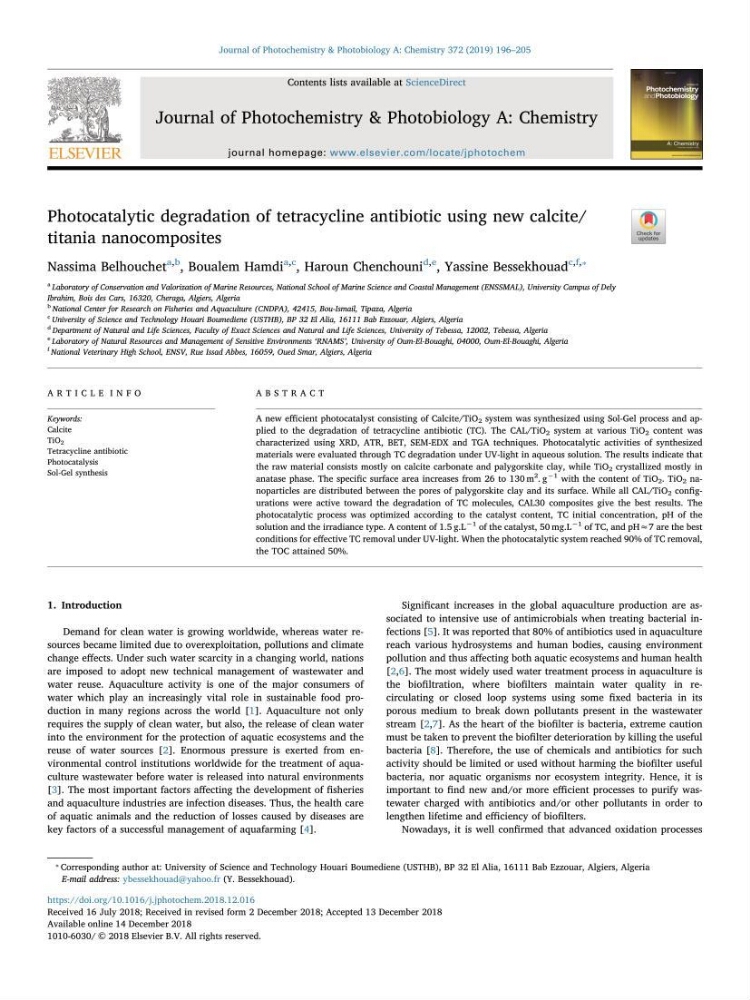 Etude du procédé hybride couplant l’adsorption et la photocatalyse. Application au traitement des effluents issus des fermes piscicoles.: