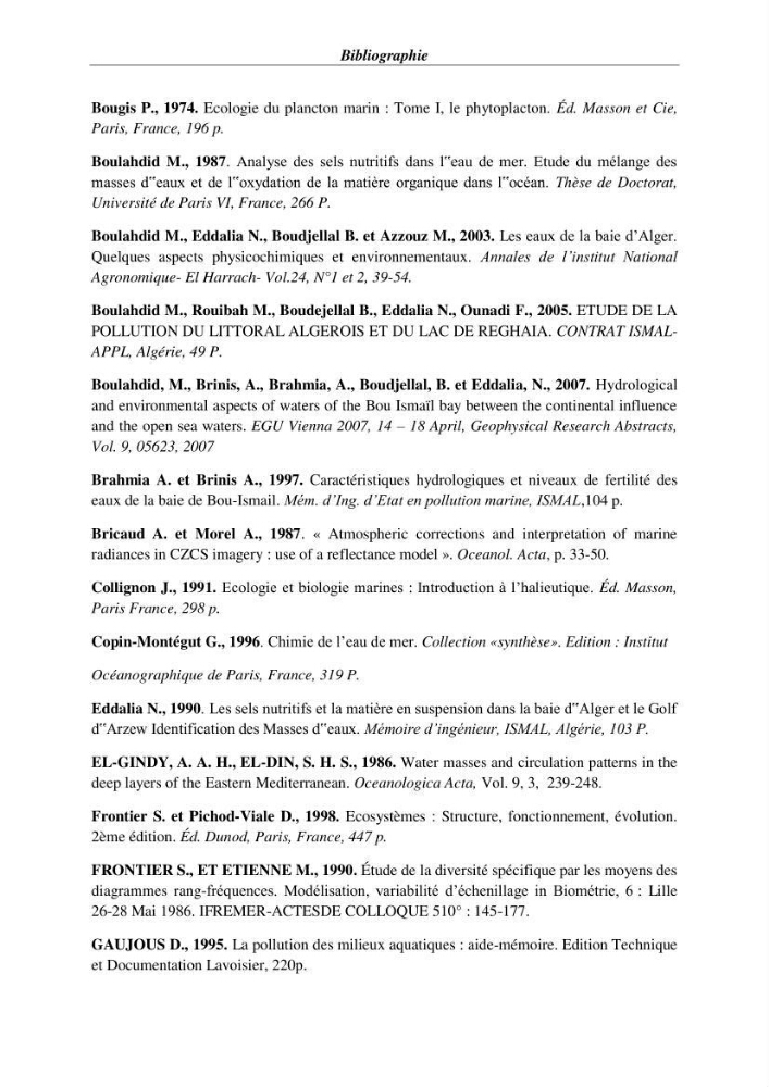 Les paramètres physico-chimiques et les sels nutritifs dans la baie de Bou-Ismail