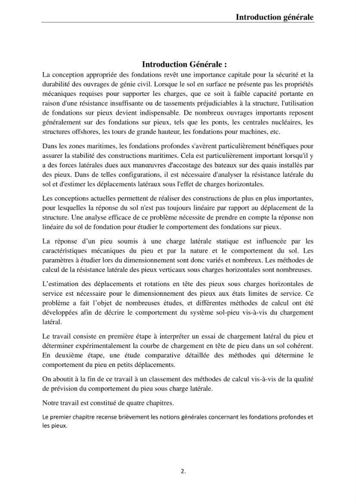 Dimensionnement des fondations sur pieux sous charge horizontale-étude de comportement du pieu rigide aux états limites de service dans un sol cohérent