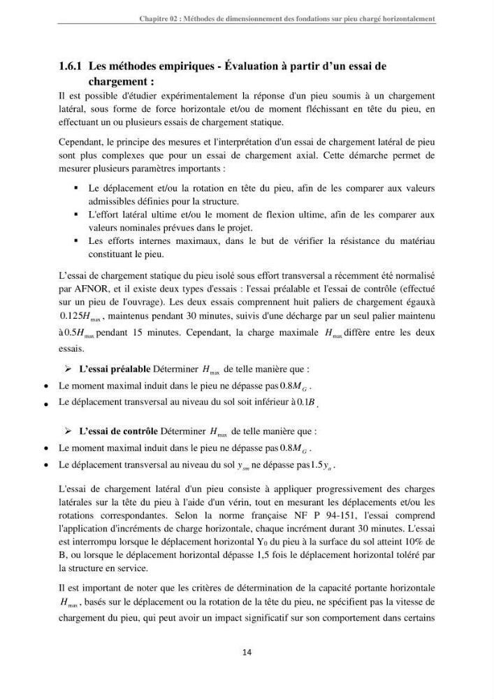 Dimensionnement des fondations sur pieux sous charge horizontale-étude de comportement du pieu rigide aux états limites de service dans un sol cohérent