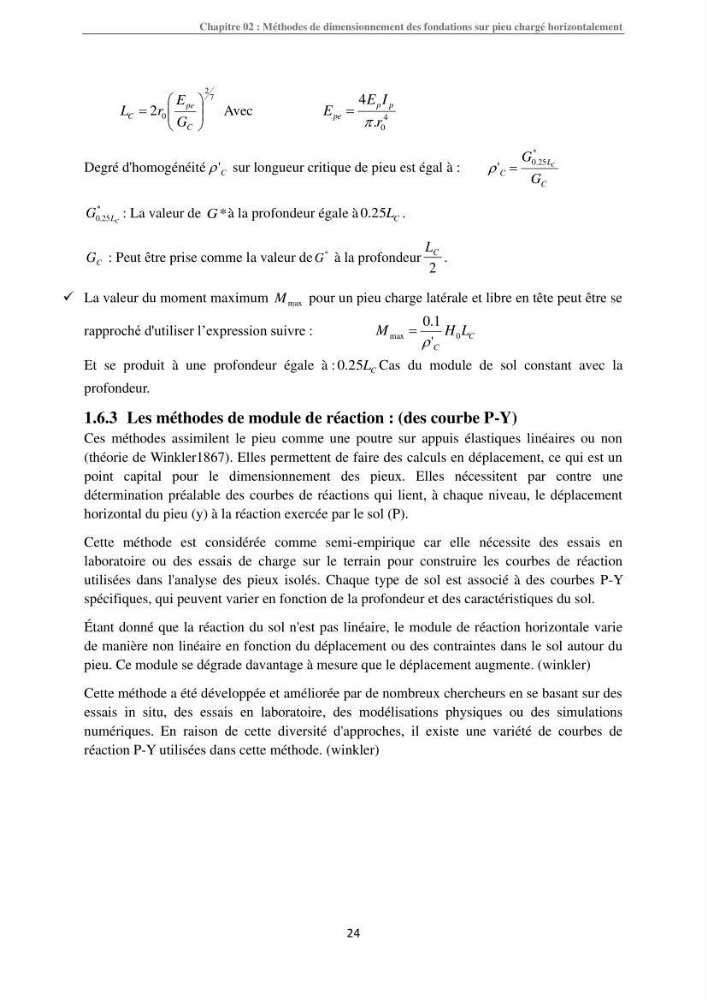 Dimensionnement des fondations sur pieux sous charge horizontale-étude de comportement du pieu rigide aux états limites de service dans un sol cohérent