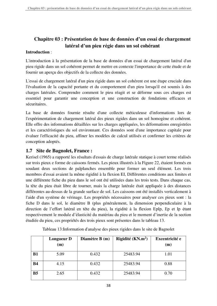 Dimensionnement des fondations sur pieux sous charge horizontale-étude de comportement du pieu rigide aux états limites de service dans un sol cohérent