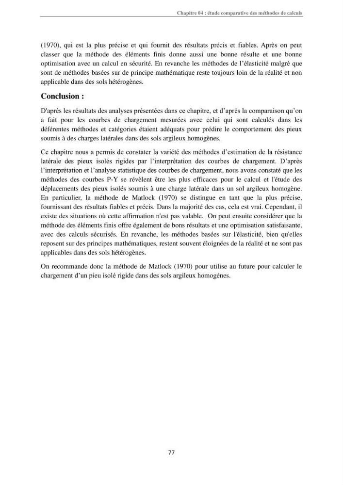 Dimensionnement des fondations sur pieux sous charge horizontale-étude de comportement du pieu rigide aux états limites de service dans un sol cohérent