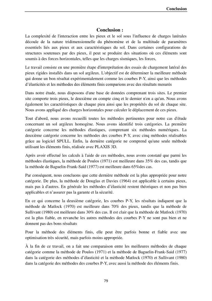 Dimensionnement des fondations sur pieux sous charge horizontale-étude de comportement du pieu rigide aux états limites de service dans un sol cohérent