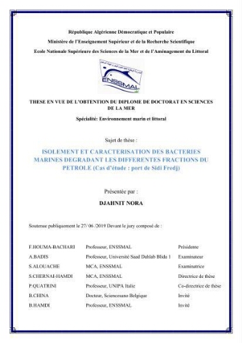 Isolement et caractérisation des bactéries marines dégradant les différentes fractions du pétrole Isolement et caractérisation des bactéries marines dégradant les différentes fractions du pétrole