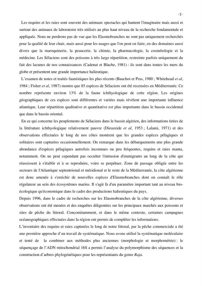 Les Sélaciens de la côte algérienne, biosystématique des requins et les raies