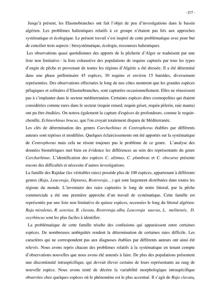 Les Sélaciens de la côte algérienne, biosystématique des requins et les raies