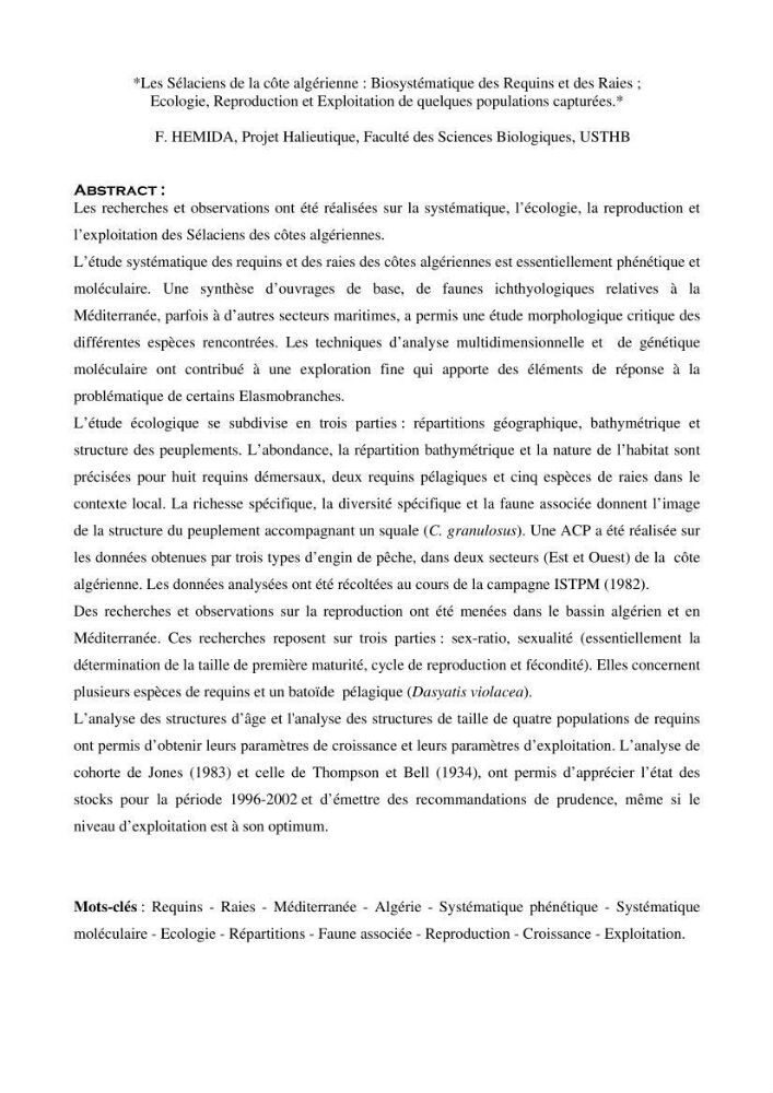 Les Sélaciens de la côte algérienne, biosystématique des requins et les raies