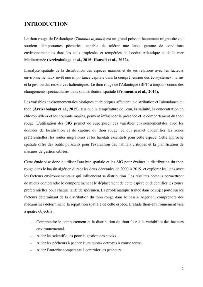 Analyse spatiale de la distribution du thon rouge Thunnus thynnus (Linnaeus, 1758) en interaction avec les facteurs environnementaux à l’aide de système d’information géographique (SIG) dans le bassin Algérien
