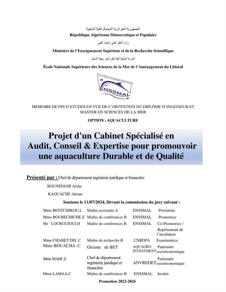 Projet d\'un cabinet spécialisé en audit. conseil et expertisme pour promouvoir une aquaculture durable et de qualité