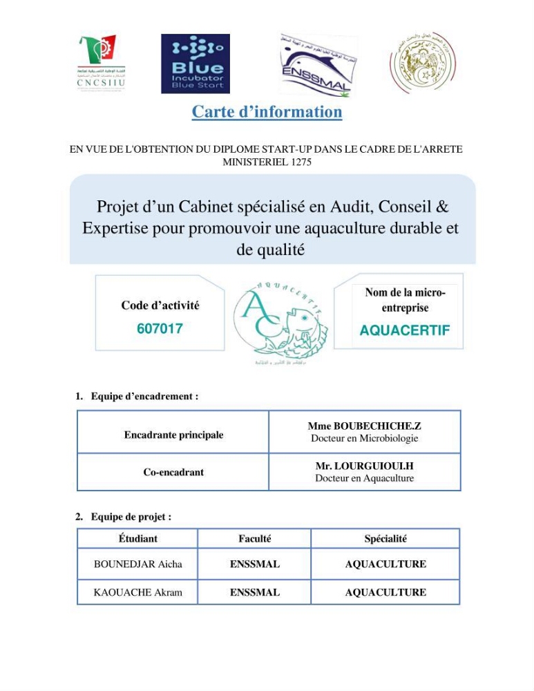 Projet d\'un cabinet spécialisé en audit. conseil et expertisme pour promouvoir une aquaculture durable et de qualité