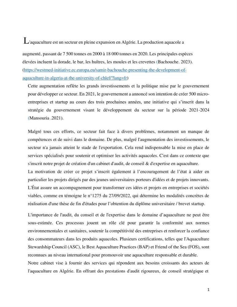 Projet d\'un cabinet spécialisé en audit. conseil et expertisme pour promouvoir une aquaculture durable et de qualité