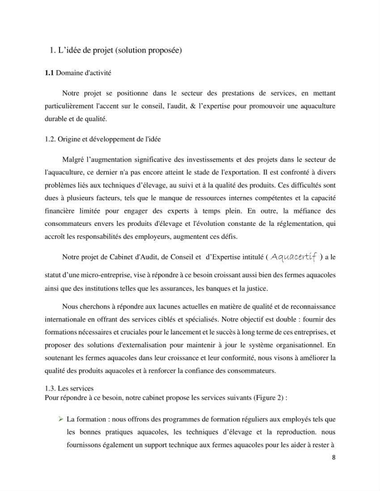 Projet d\'un cabinet spécialisé en audit. conseil et expertisme pour promouvoir une aquaculture durable et de qualité