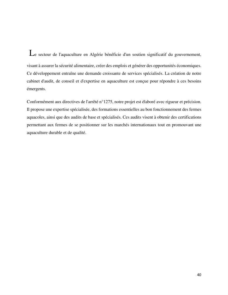 Projet d\'un cabinet spécialisé en audit. conseil et expertisme pour promouvoir une aquaculture durable et de qualité
