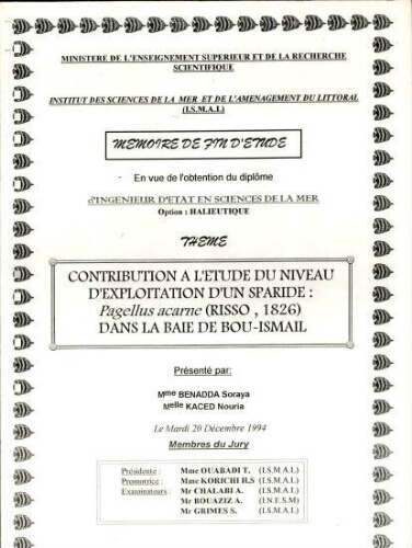 Contribution à l'étude du niveau d'exploitation d'un sparidé: pagellus acarne (Risso, 1826) dans la baie de Bou-Ismaïl Contribution à l'étude du niveau d'exploitation d'un sparidé: pagellus acarne (Risso, 1826) dans la baie de Bou-Ismaïl