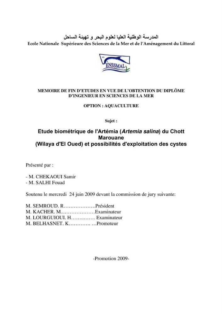 Etude biométrique de l\'Artémia (Artemia Salina) du Chott Marouane (wilaya d\'El Oued) et possibilités d\'exploitation des cystes