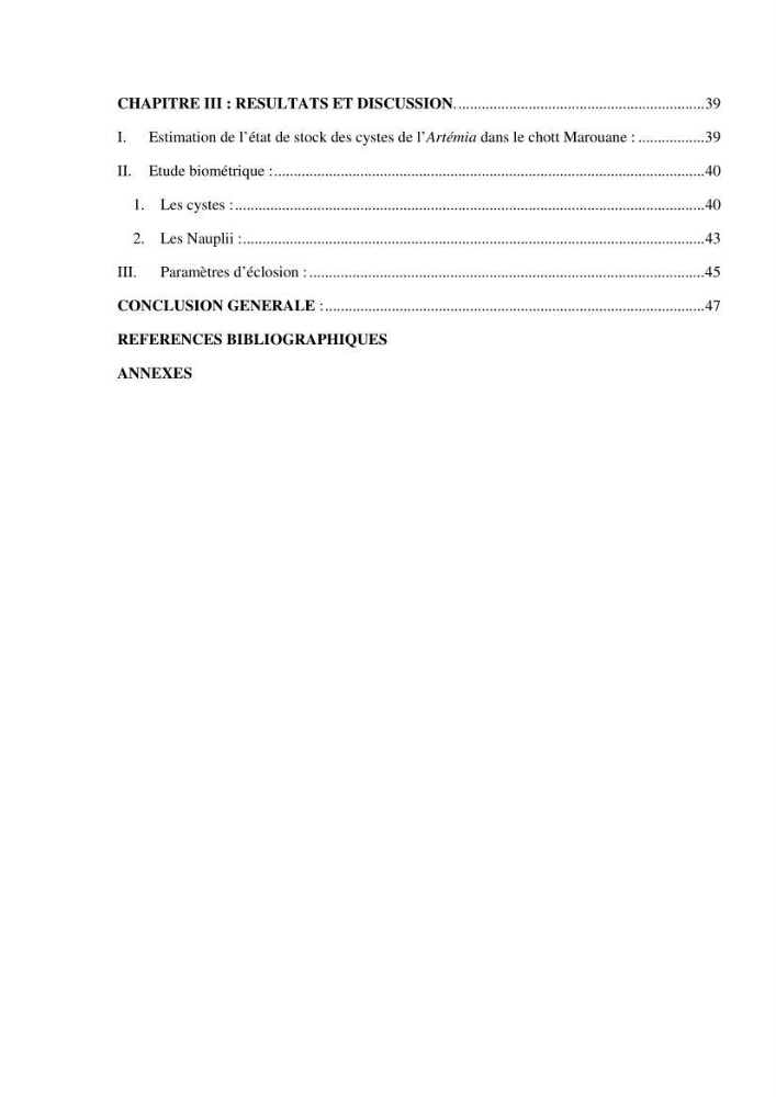 Etude biométrique de l\'Artémia (Artemia Salina) du Chott Marouane (wilaya d\'El Oued) et possibilités d\'exploitation des cystes