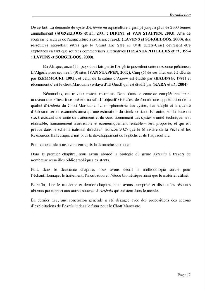 Etude biométrique de l\'Artémia (Artemia Salina) du Chott Marouane (wilaya d\'El Oued) et possibilités d\'exploitation des cystes