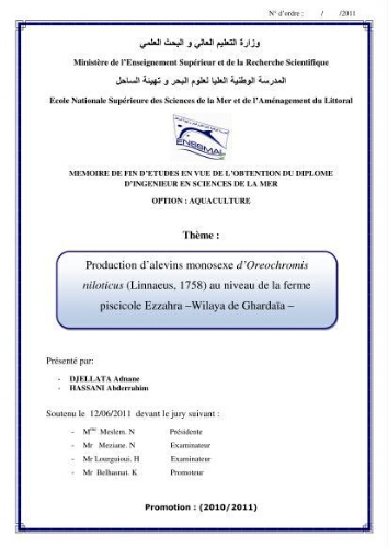 Production d'alevins monosexe d'oreochromis niloticus (Linnaeus, 1758) au niveau de la ferme piscicole ezzahra- wilaya de Ghardaia: Production d'alevins monosexe d'oreochromis niloticus (Linnaeus, 1758) au niveau de la ferme piscicole ezzahra- wilaya de Ghardaia: