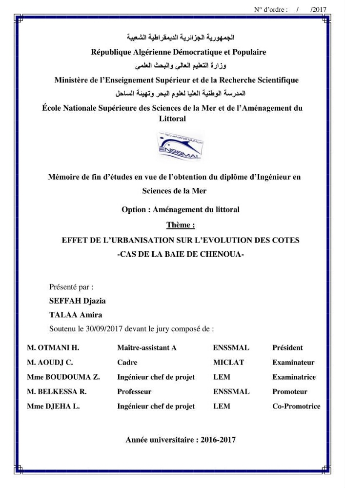 Effet de l\'urbanisation sur l\'évolution des côtes : cas de la baie de Chenoua