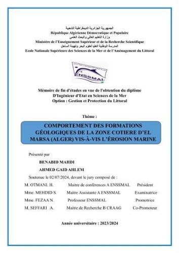 Comportement des formations géologiques de la zone côtière d'El Marsa ( Alger) vis-a vis l'érosion marine Comportement des formations géologiques de la zone côtière d'El Marsa ( Alger) vis-a vis l'érosion marine