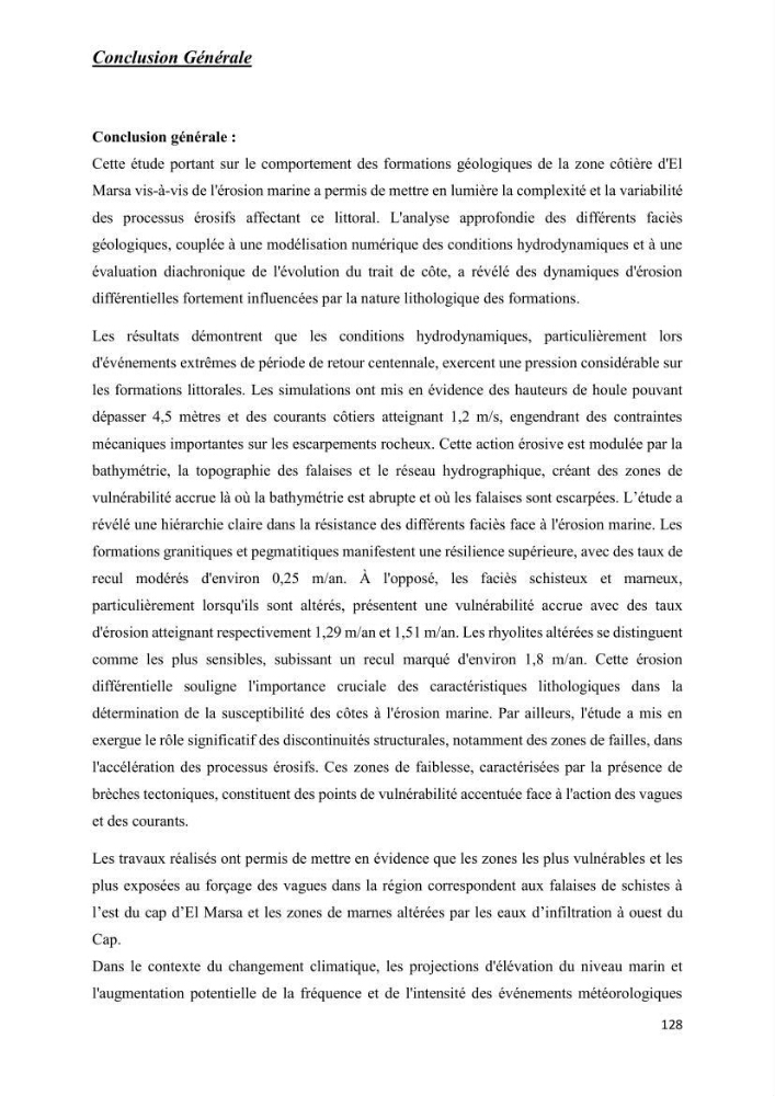 Comportement des formations géologiques de la zone côtière d\'El Marsa ( Alger) vis-a vis l\'érosion marine