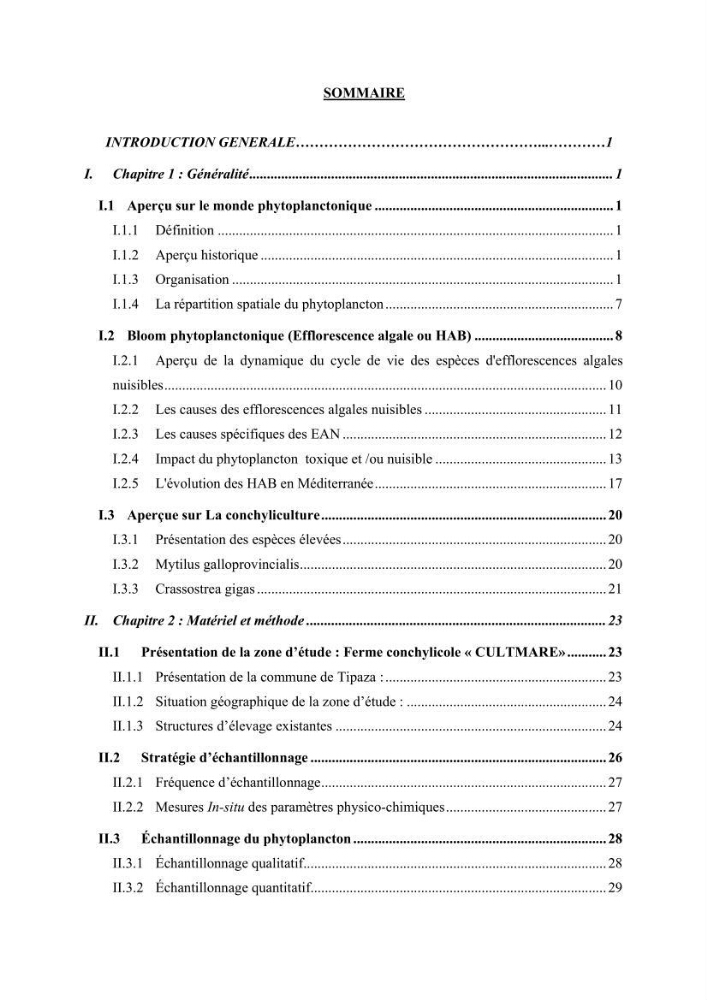 Contribution à l’étude du phytoplancton potentiellement toxique et/ ou nuisible au niveau d’une ferme conchylicole « CULTMARE » (Tipaza):