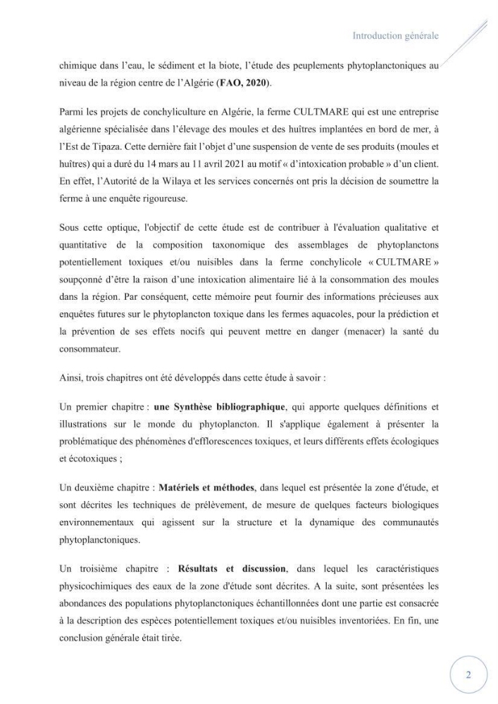 Contribution à l’étude du phytoplancton potentiellement toxique et/ ou nuisible au niveau d’une ferme conchylicole « CULTMARE » (Tipaza):