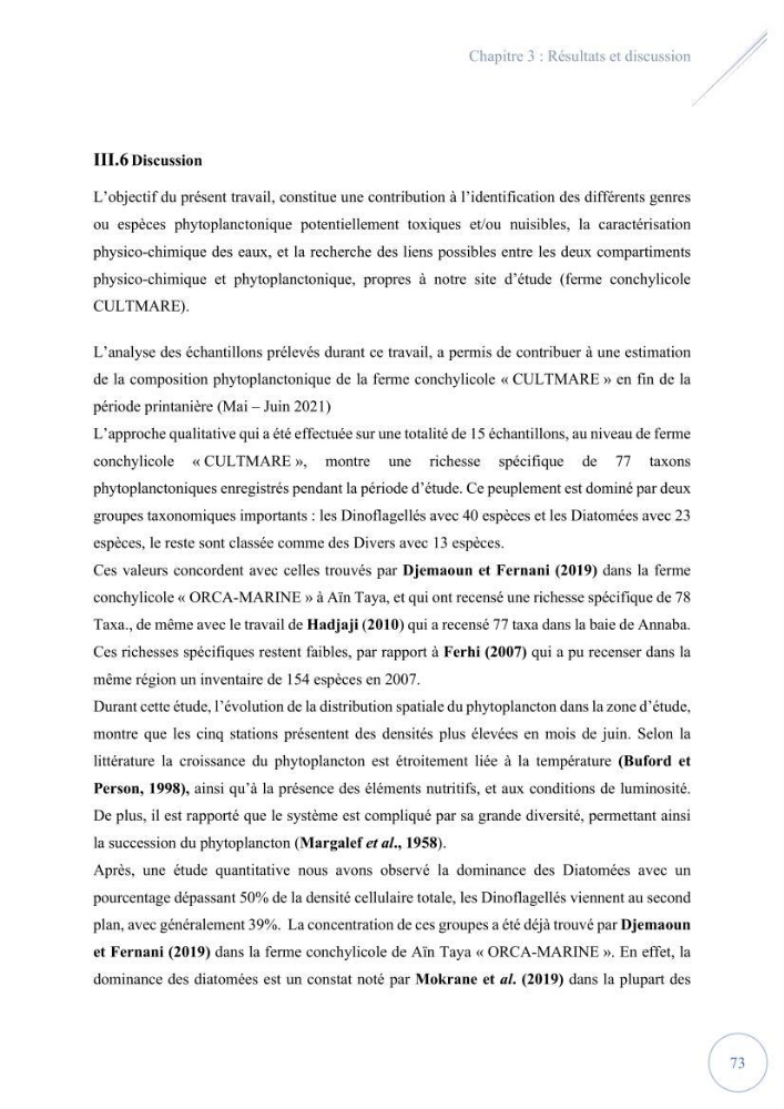 Contribution à l’étude du phytoplancton potentiellement toxique et/ ou nuisible au niveau d’une ferme conchylicole « CULTMARE » (Tipaza):