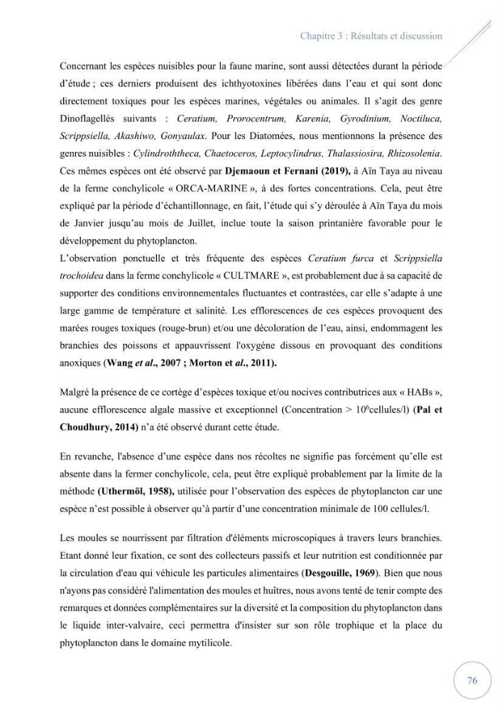 Contribution à l’étude du phytoplancton potentiellement toxique et/ ou nuisible au niveau d’une ferme conchylicole « CULTMARE » (Tipaza):