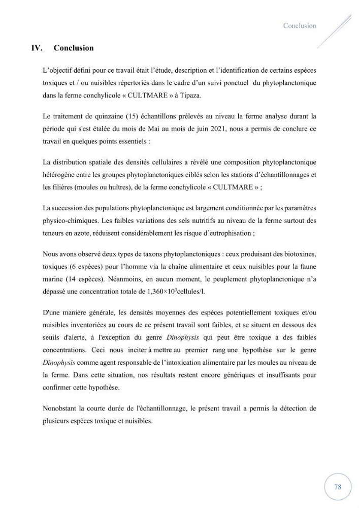 Contribution à l’étude du phytoplancton potentiellement toxique et/ ou nuisible au niveau d’une ferme conchylicole « CULTMARE » (Tipaza):