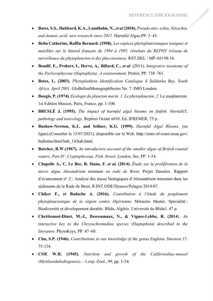 Contribution à l’étude du phytoplancton potentiellement toxique et/ ou nuisible au niveau d’une ferme conchylicole « CULTMARE » (Tipaza):
