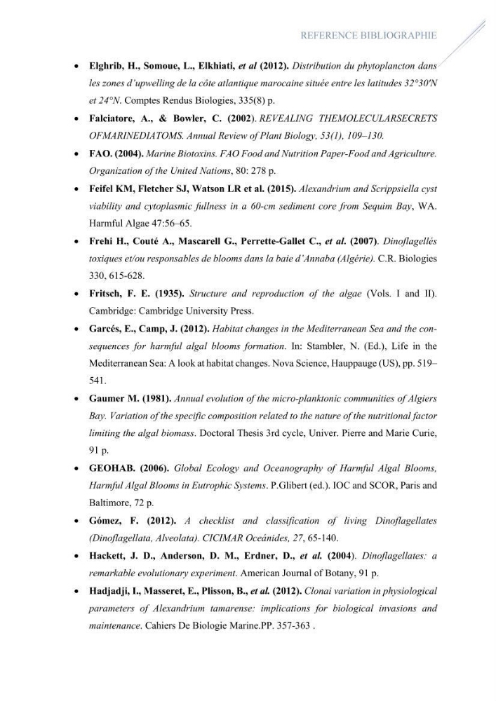 Contribution à l’étude du phytoplancton potentiellement toxique et/ ou nuisible au niveau d’une ferme conchylicole « CULTMARE » (Tipaza):
