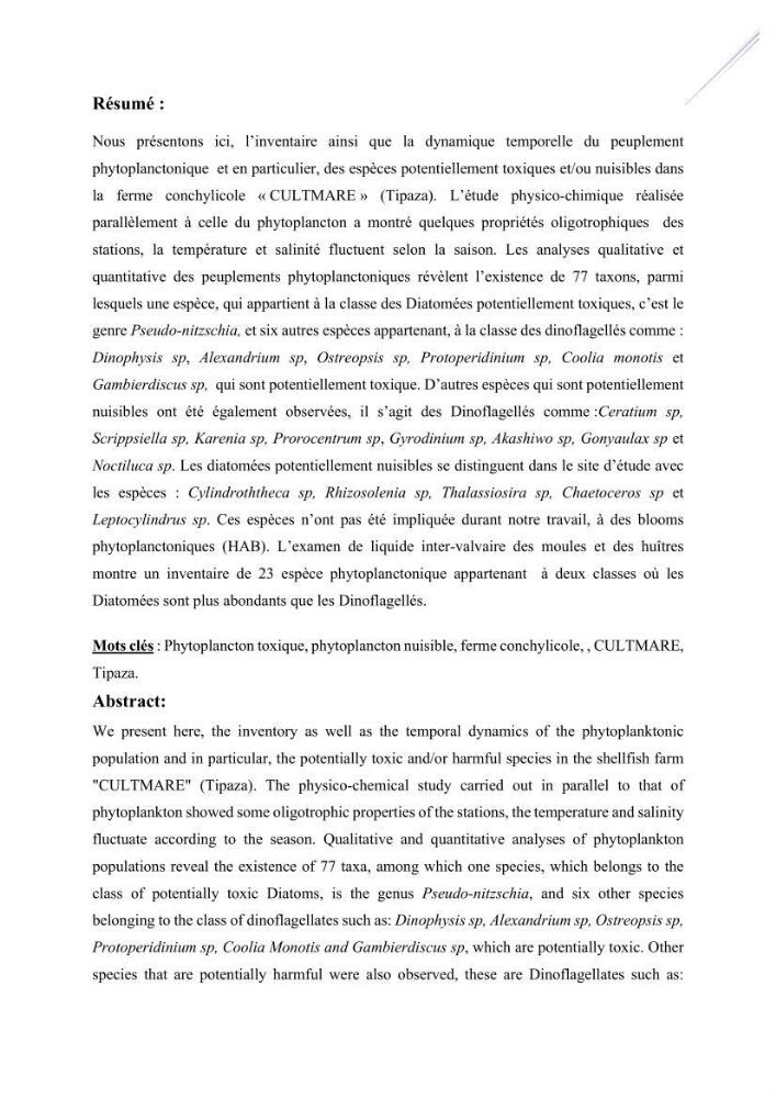Contribution à l’étude du phytoplancton potentiellement toxique et/ ou nuisible au niveau d’une ferme conchylicole « CULTMARE » (Tipaza):