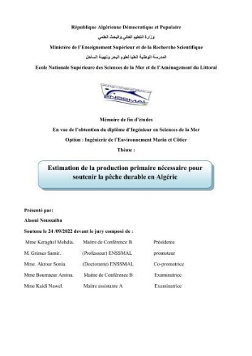 Estimation de la production primaire nécessaire pour soutenir la pêche durable en Algérie Estimation de la production primaire nécessaire pour soutenir la pêche durable en Algérie