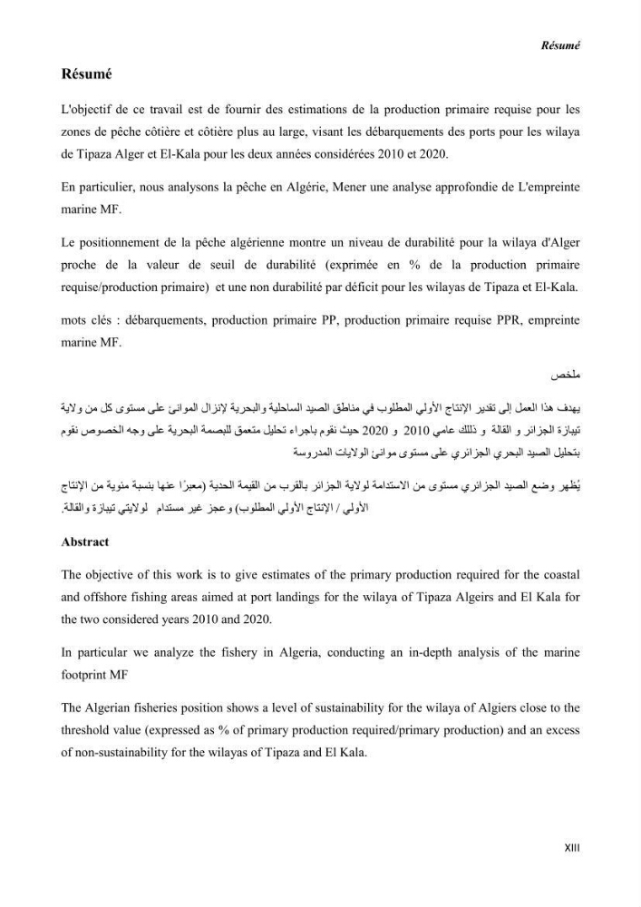 Estimation de la production primaire nécessaire pour soutenir la pêche durable en Algérie