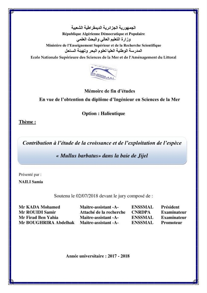Contribution à l’étude de la croissance et de l’exploitation de l’espèce « Mullus barbatus» dans la baie de Jijel.: