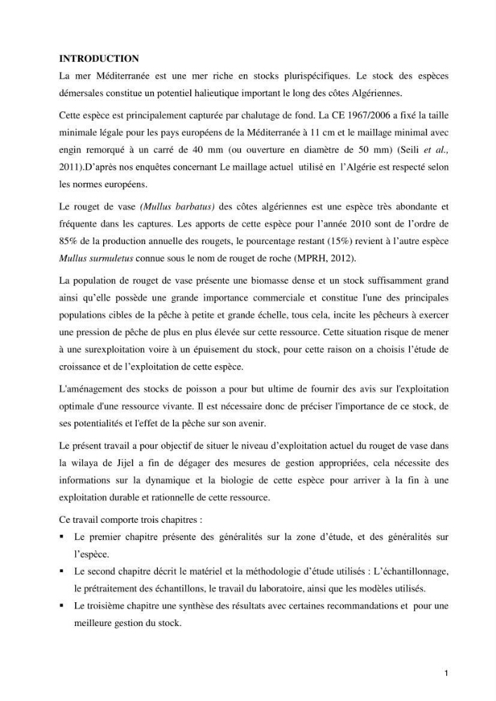 Contribution à l’étude de la croissance et de l’exploitation de l’espèce « Mullus barbatus» dans la baie de Jijel.: