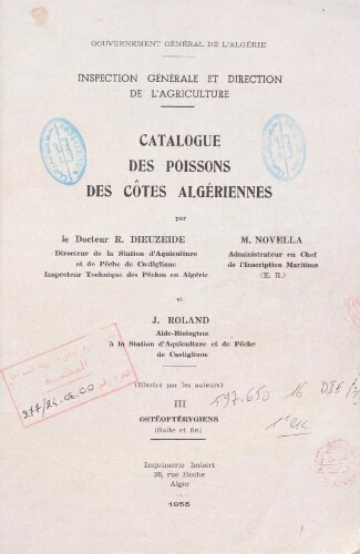 Catalogue des poissons des côtes Algériennes tome III Catalogue des poissons des côtes Algériennes tome III