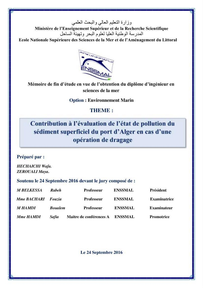 Contribution à l\'évaluation de l\'état de pollution du sédiment superficiel du port d\'Alger en cas d\'une opération de dragage: