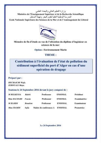 Contribution à l'évaluation de l'état de pollution du sédiment superficiel du port d'Alger en cas d'une opération de dragage: Contribution à l'évaluation de l'état de pollution du sédiment superficiel du port d'Alger en cas d'une opération de dragage: